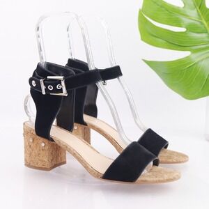Vince Camuto Women Baeden Sandal Size 9.5 Black Suede Ankle Strap Cork Heel Shoe